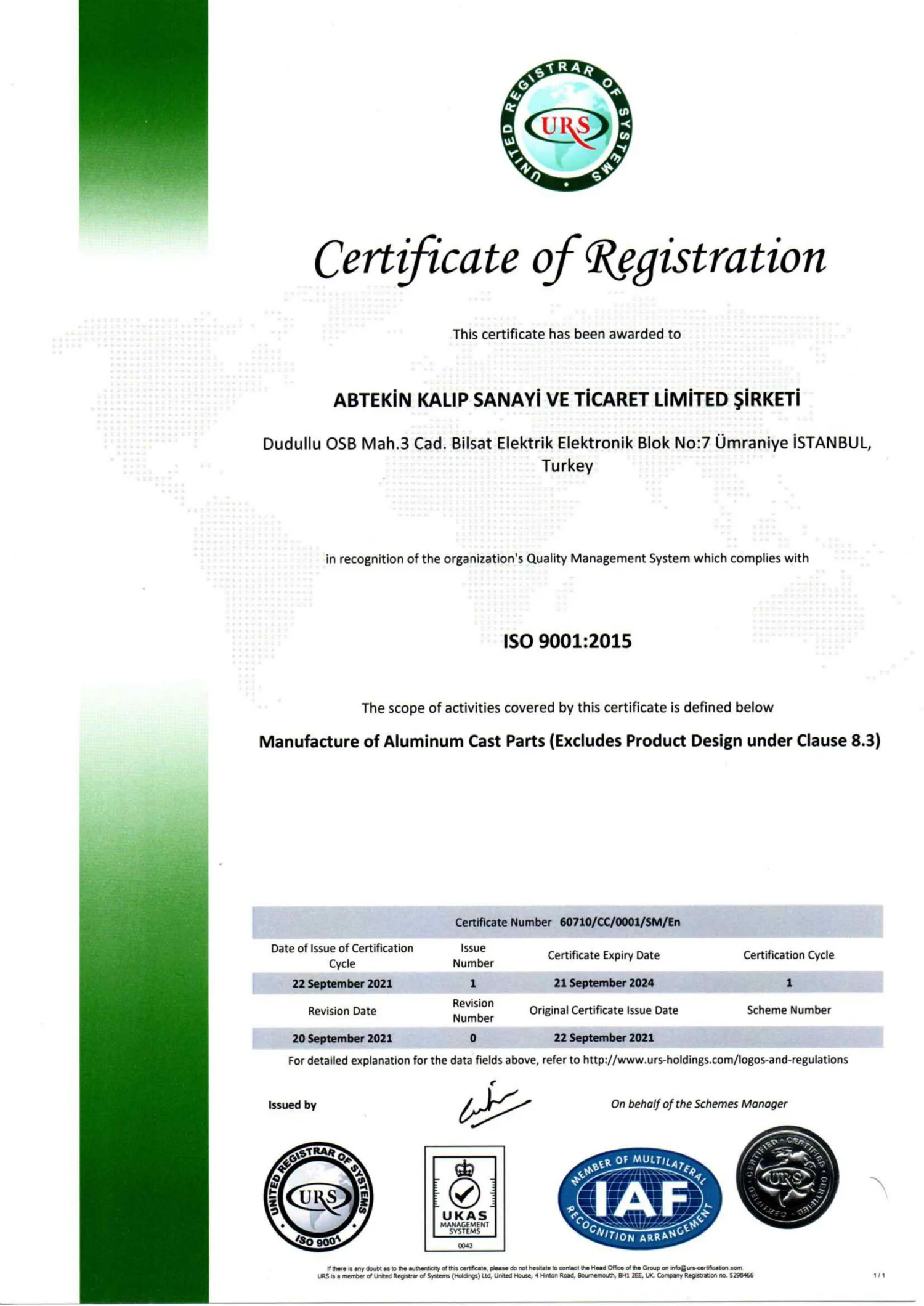 ISO 9001:2015 | Abtekin Kalıp Döküm